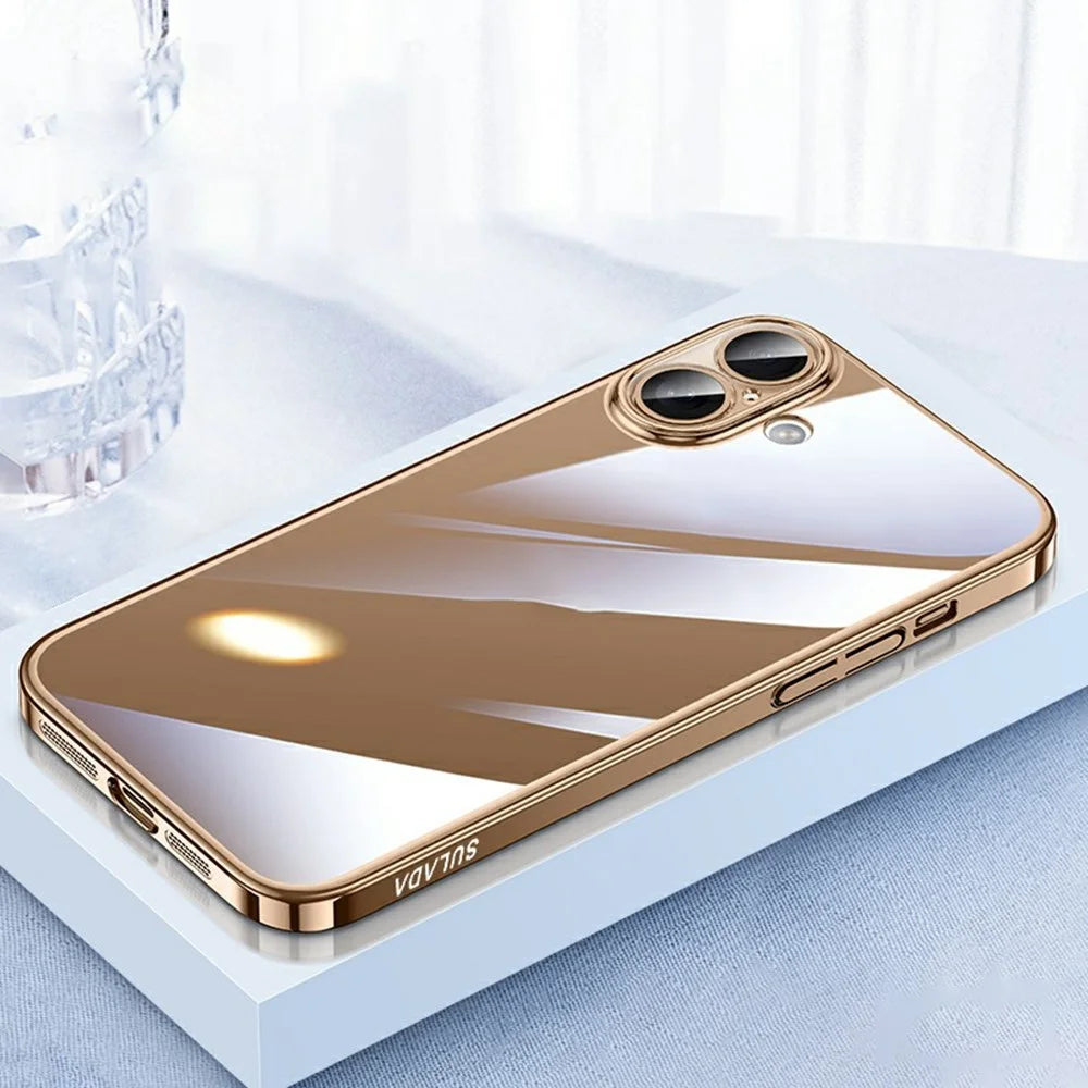SULADA JINGJIA Series For iPhone 16 Plus Case Electroplating Hard PC Clear Phone Case with Lens Film - Gold - 1