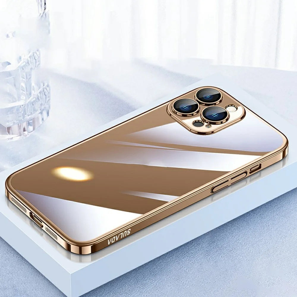 SULADA JINGJIA Series For iPhone 16 Pro Case Electroplating Hard PC Clear Phone Case with Lens Film - Gold - 1
