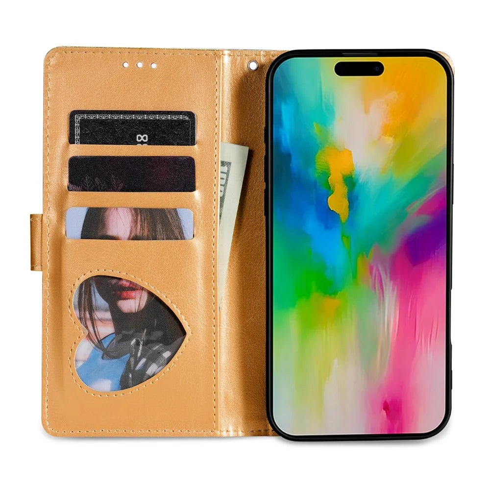 For iPhone 16 Stand Case Glitter Phone Leather Cover Zipper Pocket - Gold - 3