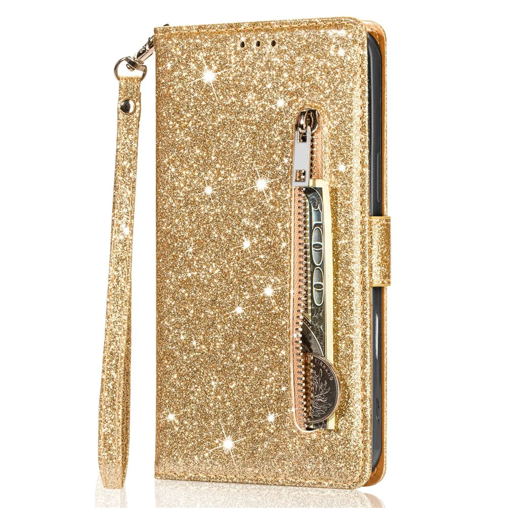 For iPhone 16 Stand Case Glitter Phone Leather Cover Zipper Pocket - Gold - 5
