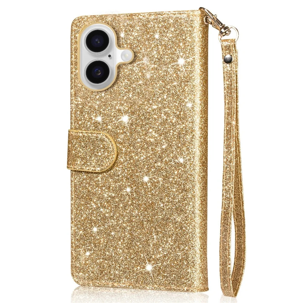 For iPhone 16 Stand Case Glitter Phone Leather Cover Zipper Pocket - Gold - 6