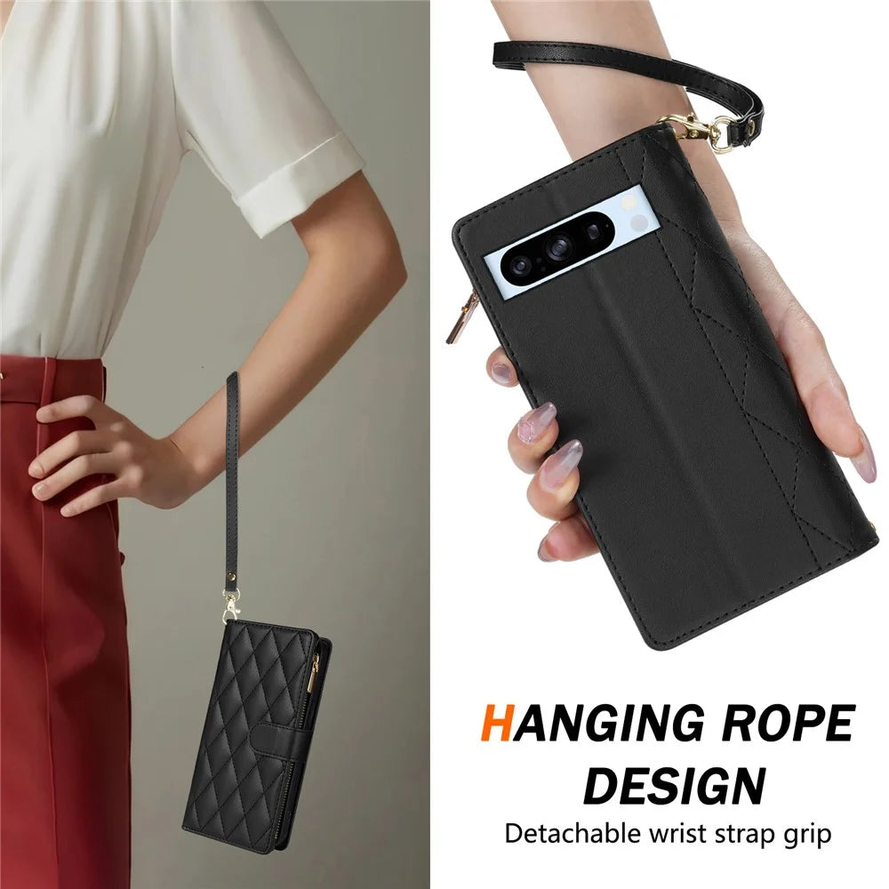 For Google Pixel 9 Pro  /  Pixel 9 Case Rhombus Stitching Leather Wallet Phone Cover with Long  /  Short Strap - Black - 6