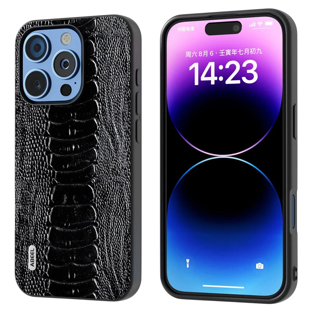 ABEEL For iPhone 16 Pro Case Crocodile Texture Genuine Cow Leather+TPU+PC Phone Cover - Black - 1