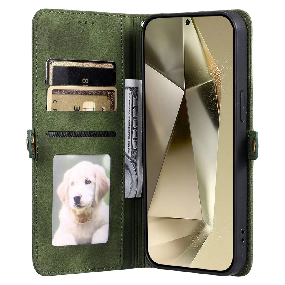 Style 016 For Samsung Galaxy S24 Ultra Case Skin Feel Totem Imprinted Wallet Leather Phone Cover - Blackish Green - 2