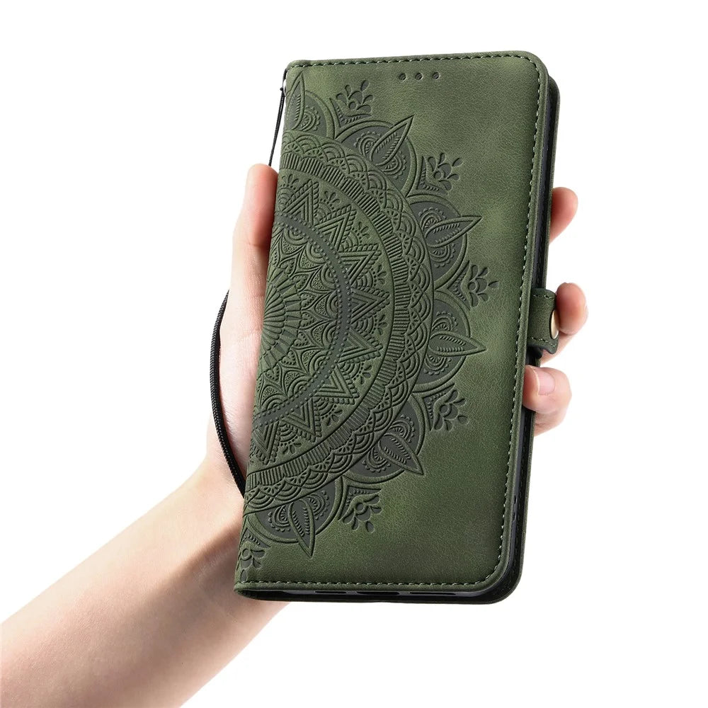 Style 016 For Samsung Galaxy S24 Ultra Case Skin Feel Totem Imprinted Wallet Leather Phone Cover - Blackish Green - 7