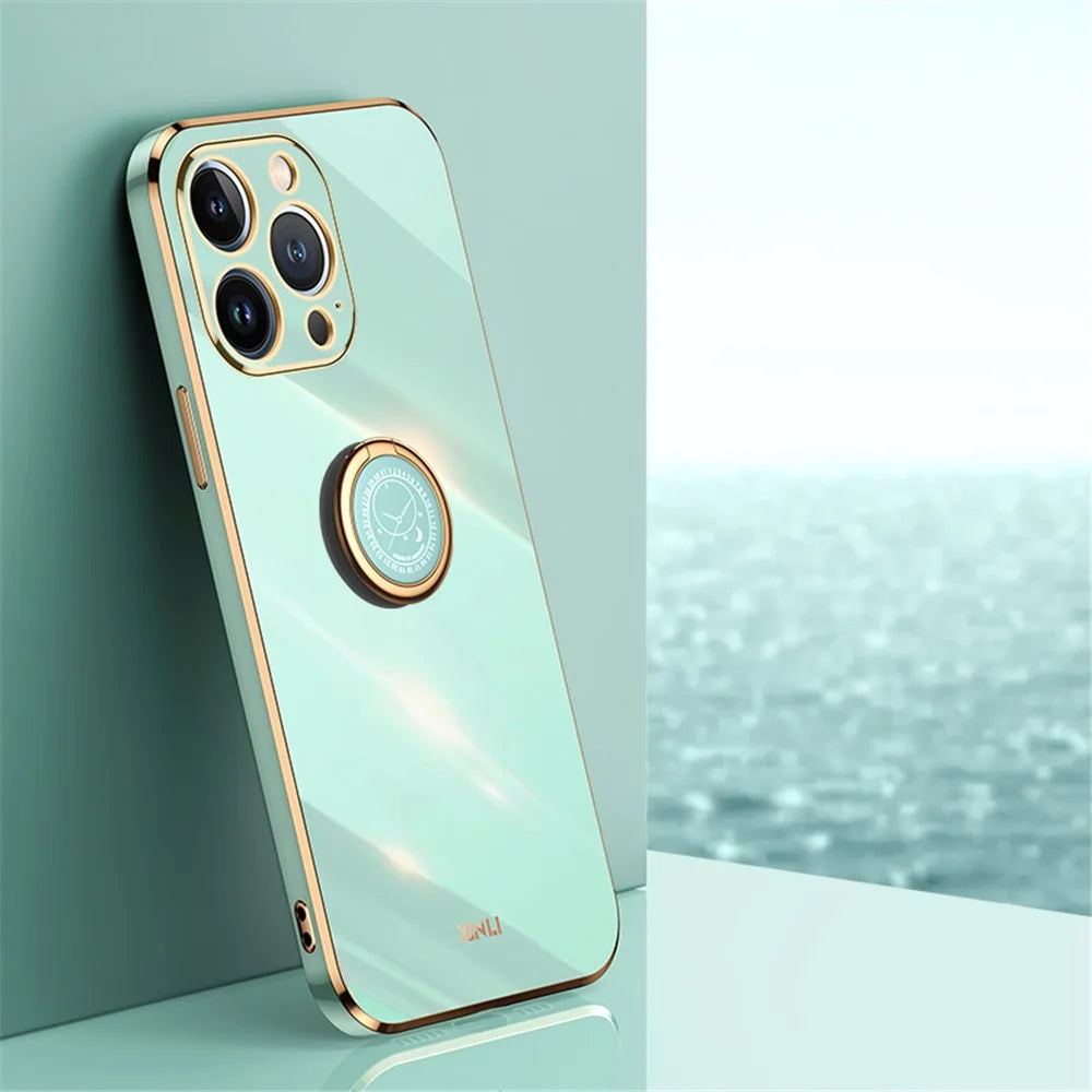 XINLI For iPhone 16 Pro Case Ring Kickstand Electroplating TPU Phone Cover - Cyan - 2