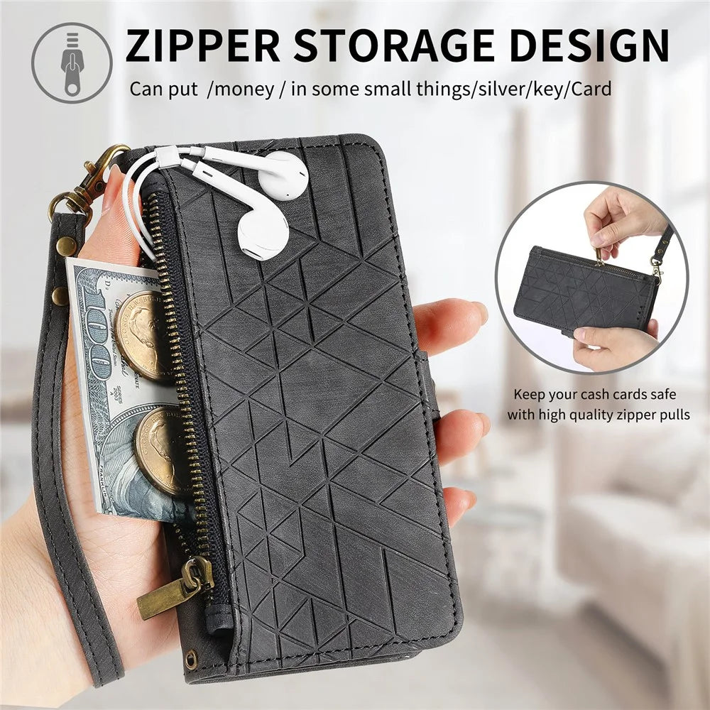 For OnePlus Nord 4 Zipper Wallet Case Geometry Lines Leather Phone Cover with Strap - Black - 6