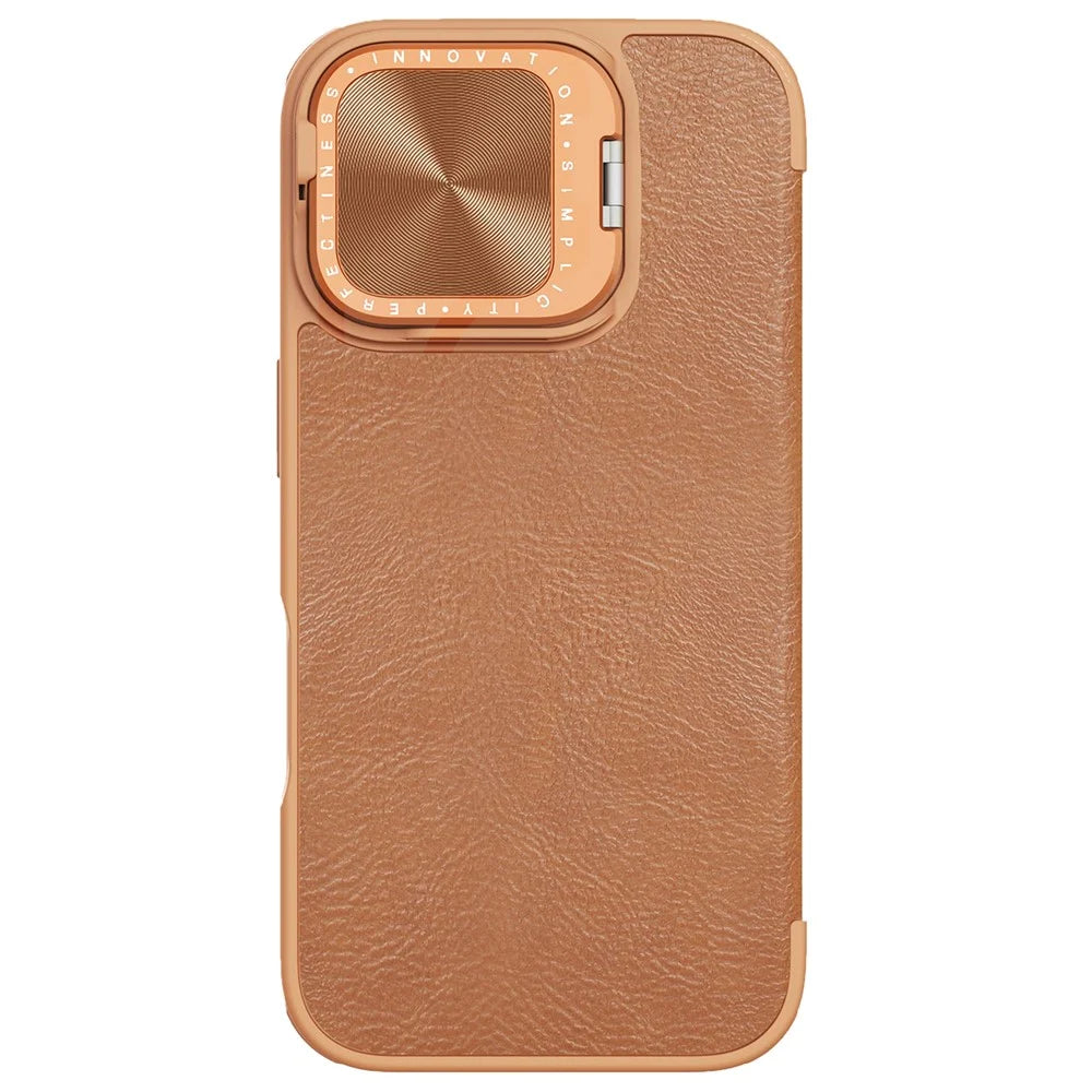 NILLKIN Qin Prop Series for iPhone 16 Leather Case Lens Kickstand Phone Cover - Brown - 4