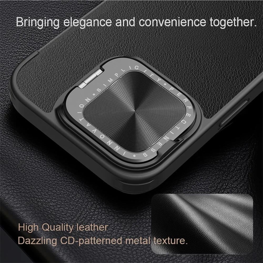 NILLKIN Qin Prop Series for iPhone 16 Leather Case Lens Kickstand Phone Cover - Brown - 6