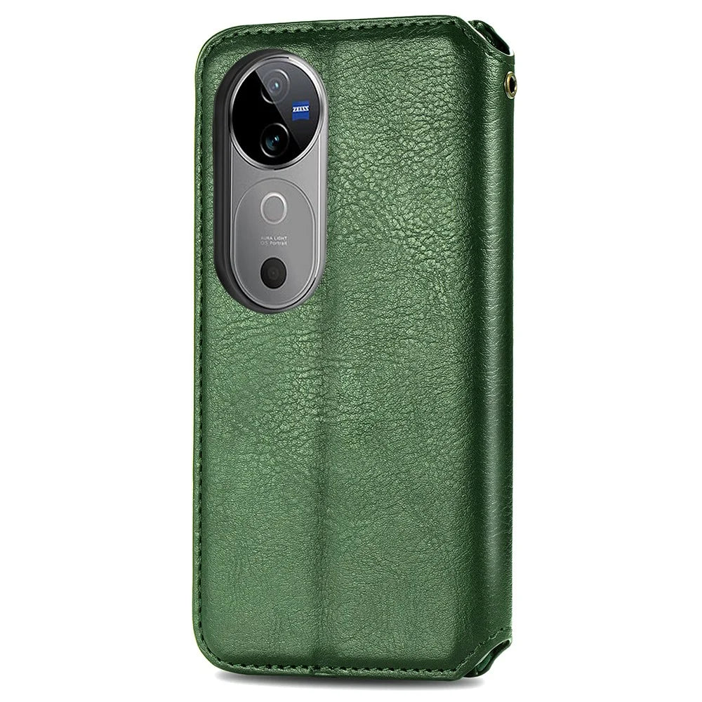 For vivo V40 5G PU Leather Case Rhombus Imprint Wallet Stand Phone Cover - Green - 6