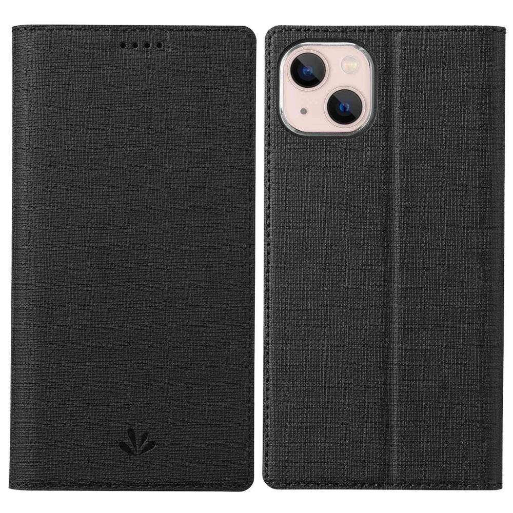 VILI DMX Series for iPhone 14 Plus PU Leather Flip Cover Card Slot Magnetic Absorption Stand Folio Phone Case - Black - 1
