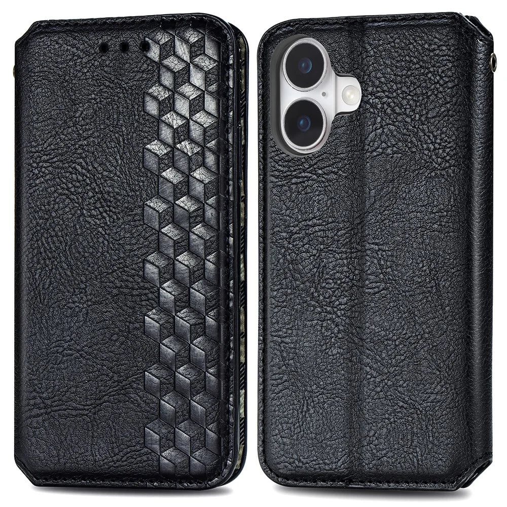For iPhone 16 PU Leather Case Rhombus Imprint Wallet Stand Phone Cover - Black - 1