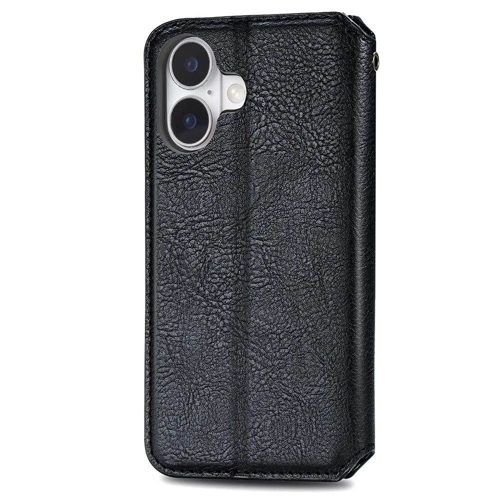For iPhone 16 PU Leather Case Rhombus Imprint Wallet Stand Phone Cover - Black - 6