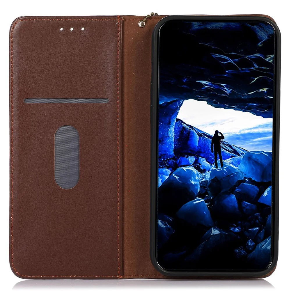 KHAZNEH For iPhone 17e / 16e Case Genuine Cow Leather Wallet Phone Cover Nappa Texture - Brown - 2