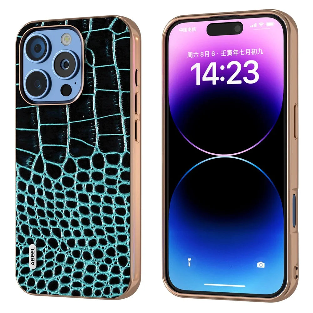 ABEEL For iPhone 16 Pro Case Electroplating Edge Crocodile Texture Genuine Cow Leather Back Phone Cover - Midnight Green - 1