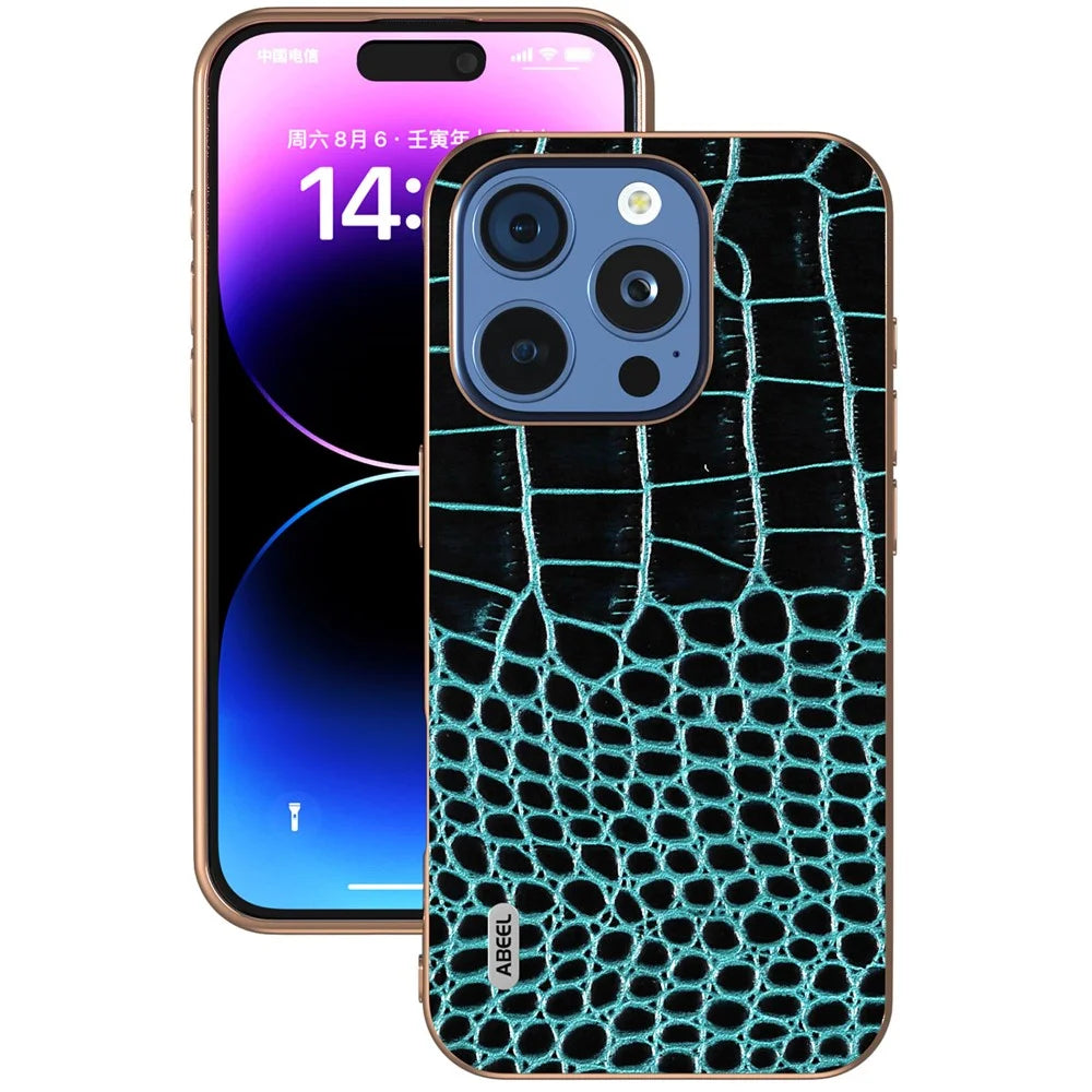 ABEEL For iPhone 16 Pro Case Electroplating Edge Crocodile Texture Genuine Cow Leather Back Phone Cover - Midnight Green - 2
