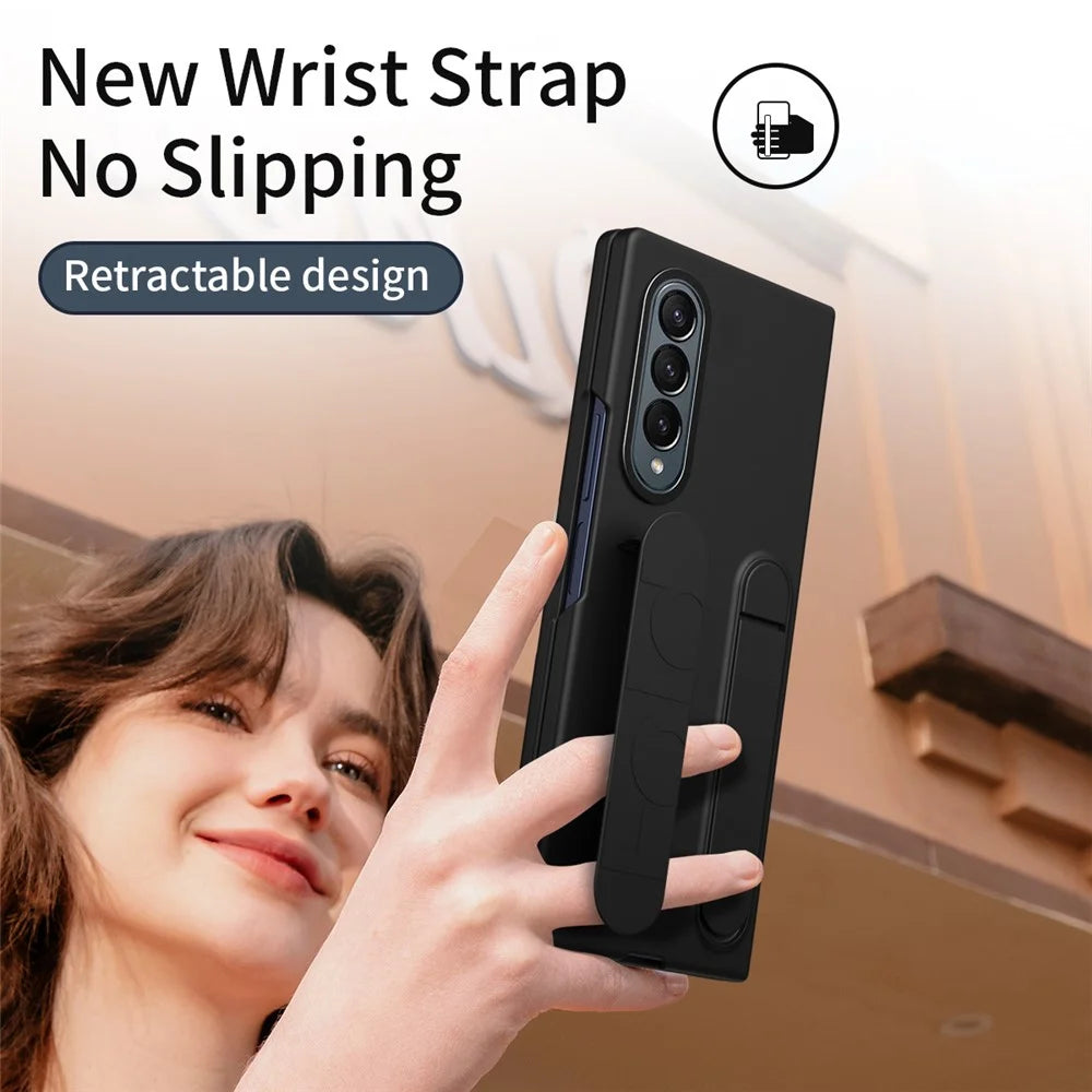 For Samsung Galaxy Z Fold3 5G Case with Tempered Glass Film Kickstand Wristband PC+Silicone Phone Cover - Black - 3
