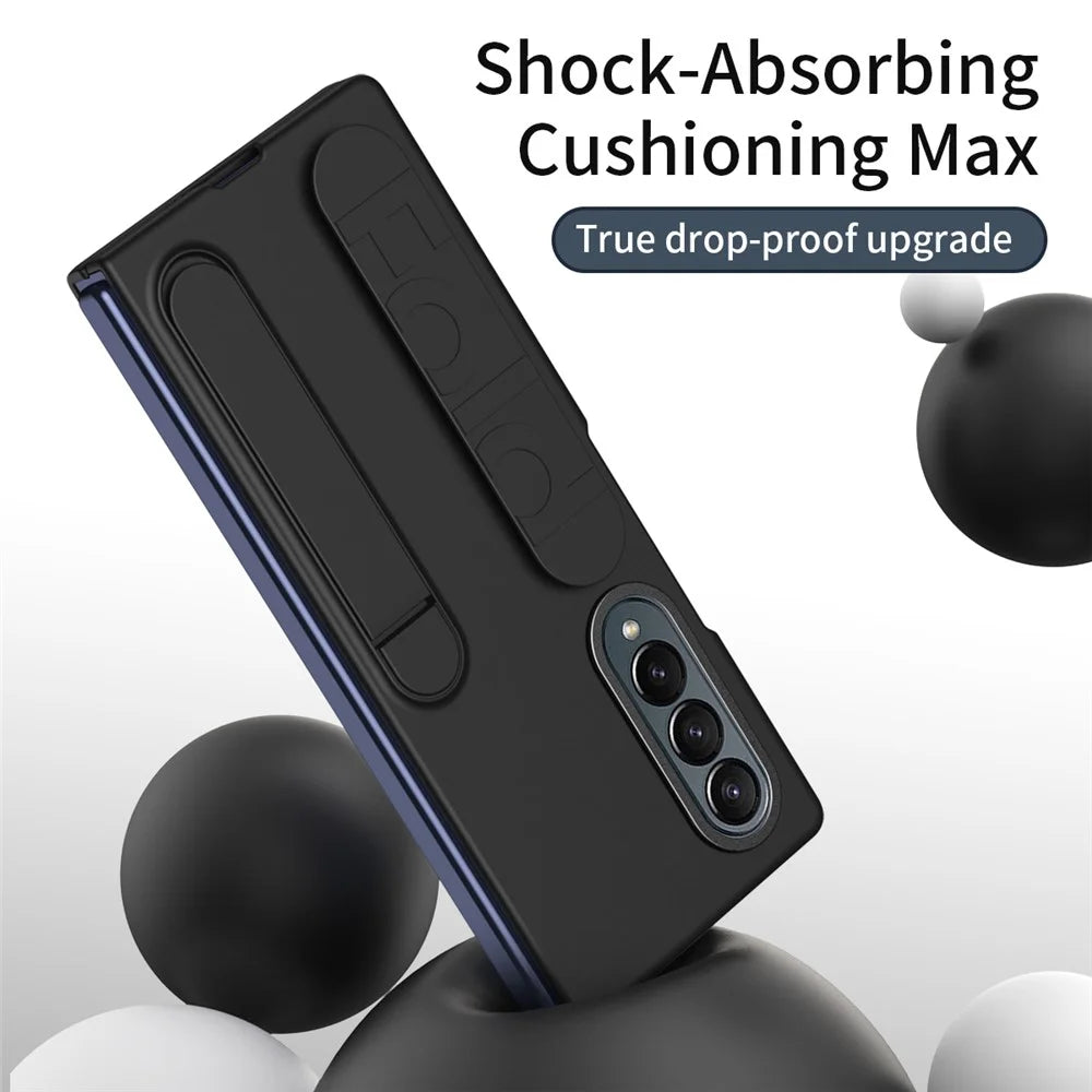 For Samsung Galaxy Z Fold3 5G Case with Tempered Glass Film Kickstand Wristband PC+Silicone Phone Cover - Black - 4