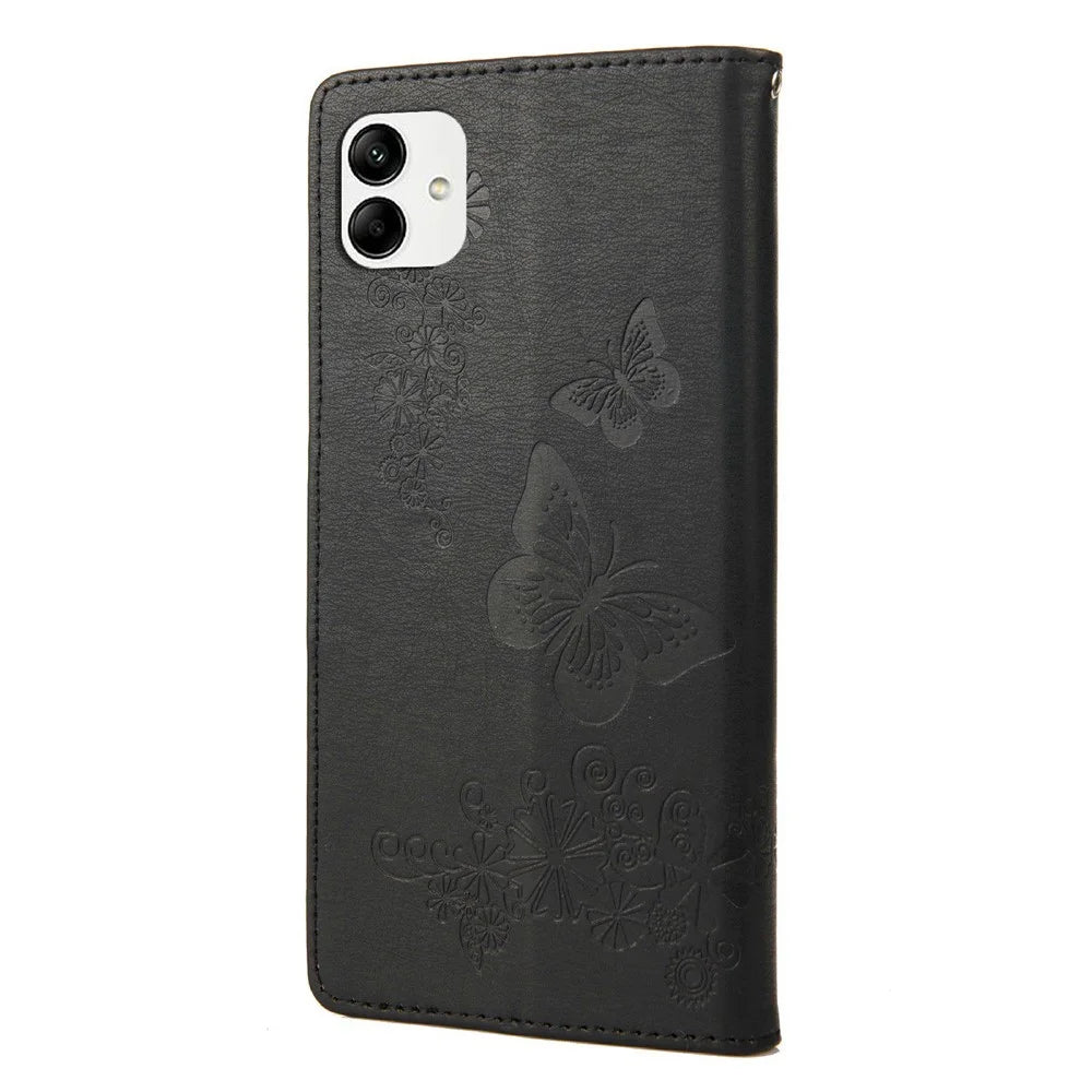 PU Leather Phone Case For Samsung Galaxy A04 4G (164.4 x 76.3 x 9.1 mm), Big Butterflies Flower Pattern Imprinting Magnetic Clasp Anti-fall Wallet Cover Stand with Strap - Black - 7