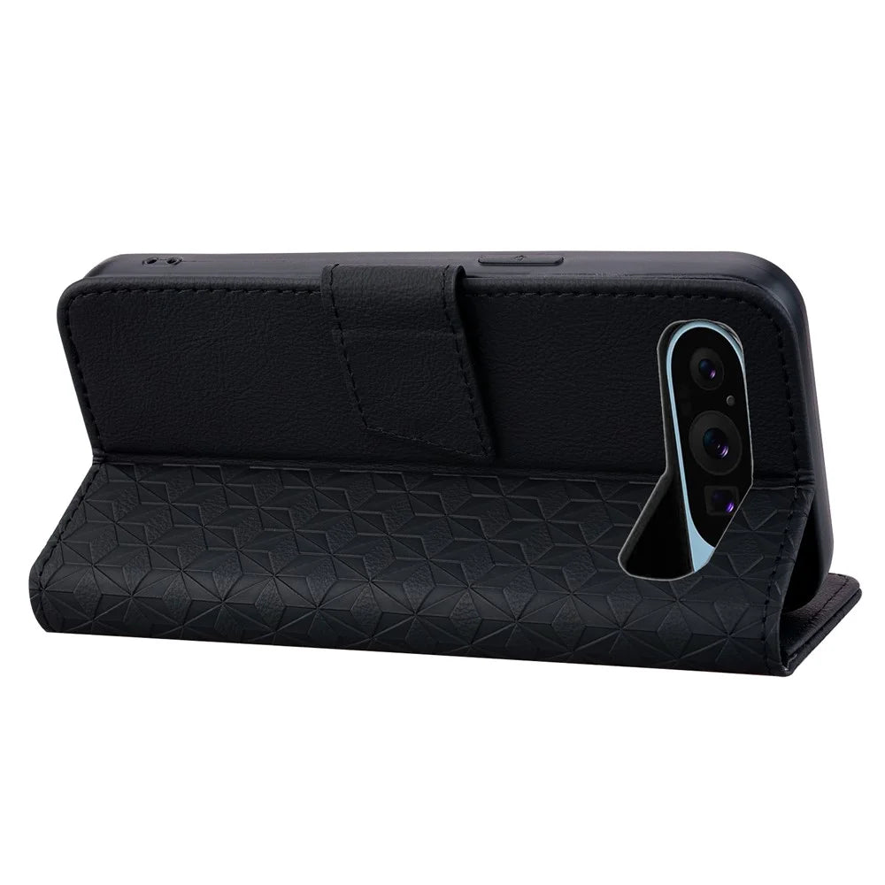 For Google Pixel 10 Pro / Pixel 10 / Pixel 9 Pro / Pixel 9 Case Rhombus Pattern Leather Wallet Phone Cover - Black - 2