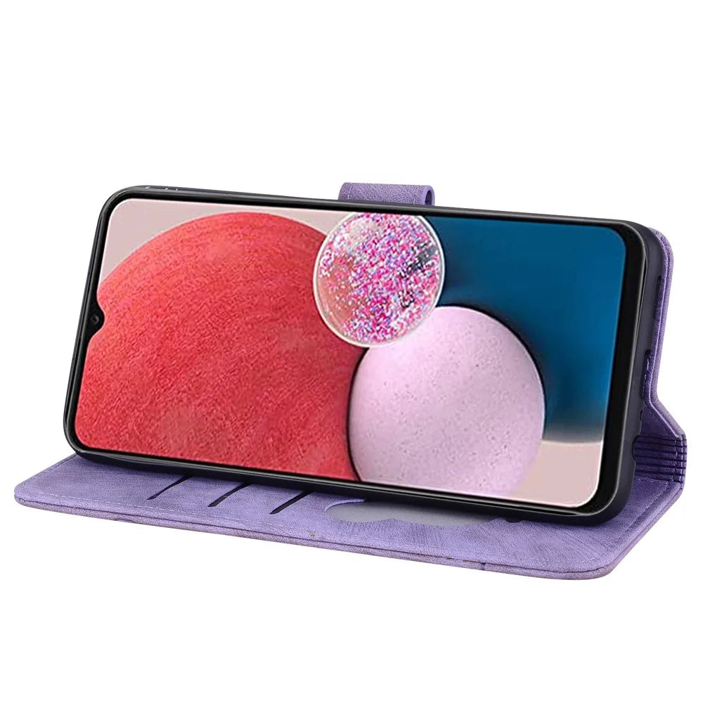 For Samsung Galaxy A16 5G / A16 4G Case Flip Stand Leather Phone Cover Cherry Blossom Cat Imprinted - Purple - 3