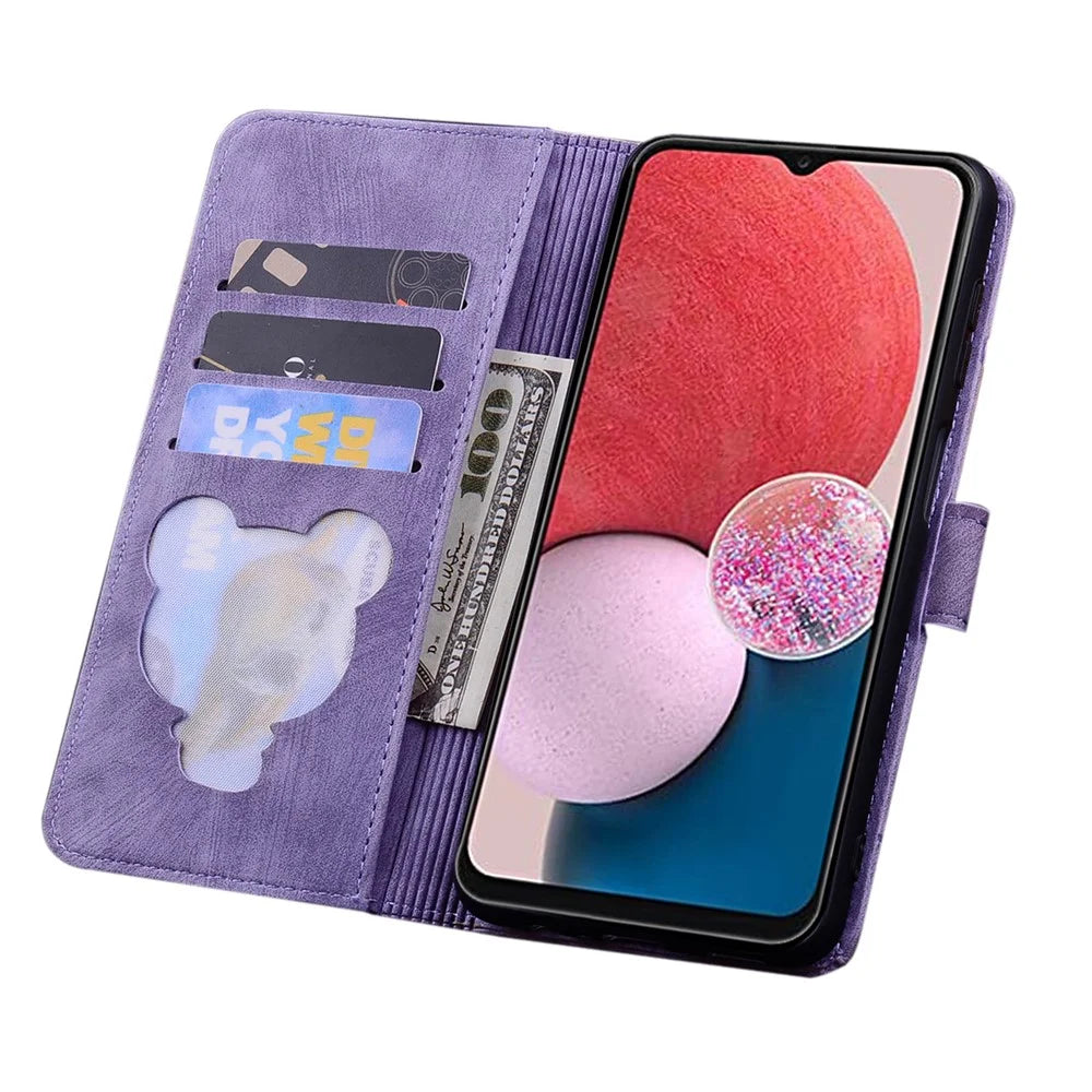 For Samsung Galaxy A16 5G / A16 4G Case Flip Stand Leather Phone Cover Cherry Blossom Cat Imprinted - Purple - 4