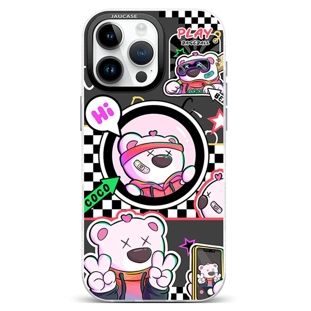 JAUCASE For iPhone 16 Pro Case Compatible with MagSafe Bear Pattern PC+TPU Matte Phone Cover - Baseball Bear - 1