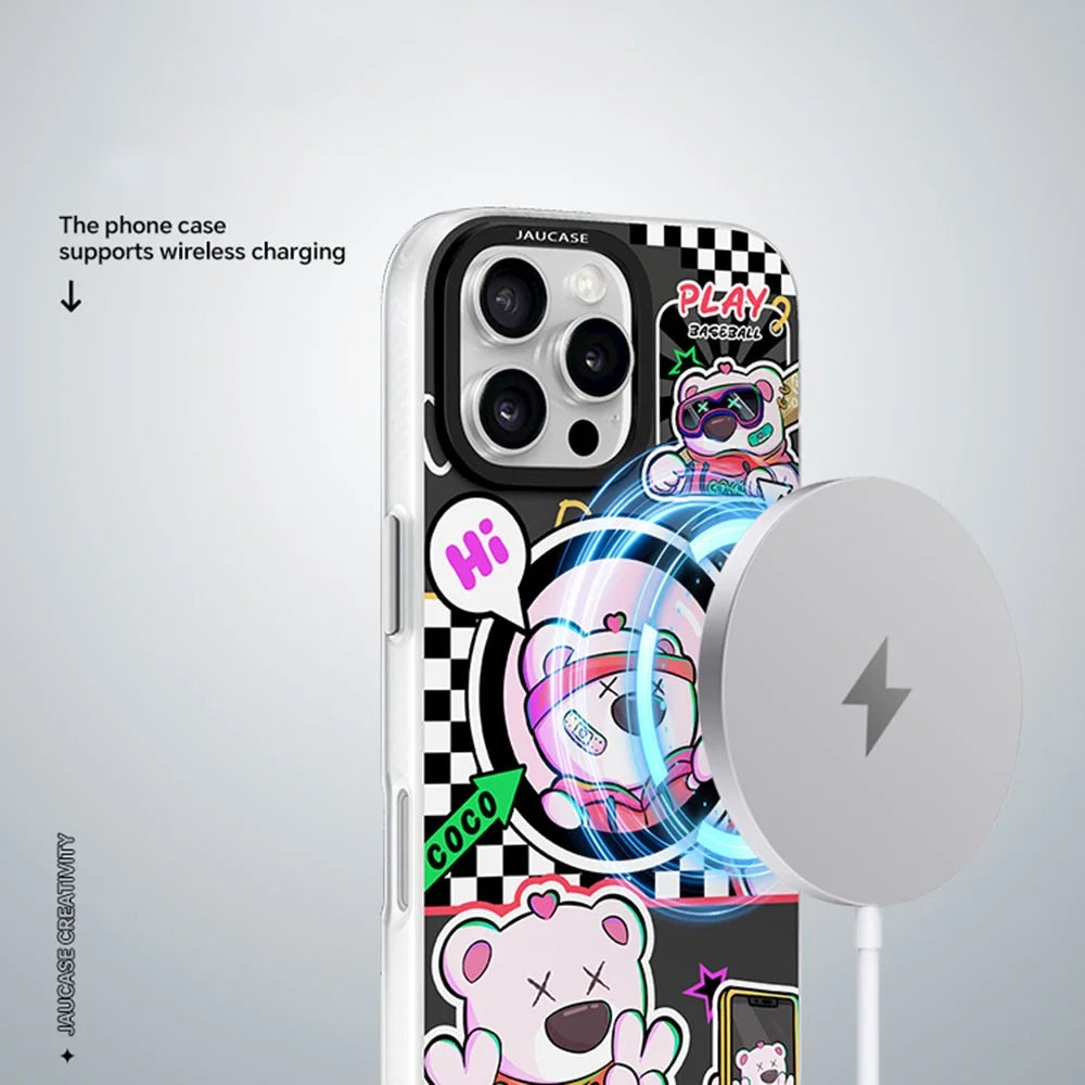 JAUCASE For iPhone 16 Pro Max Case Compatible with MagSafe Bear Pattern PC+TPU Matte Phone Cover - Baseball Bear - 2