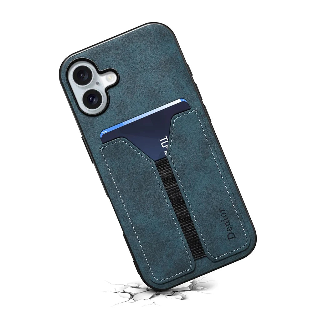 DENIOR For iPhone 16 Plus Case Elastic Card Holder PU Leather+TPU+PC Phone Cover - Blue - 2