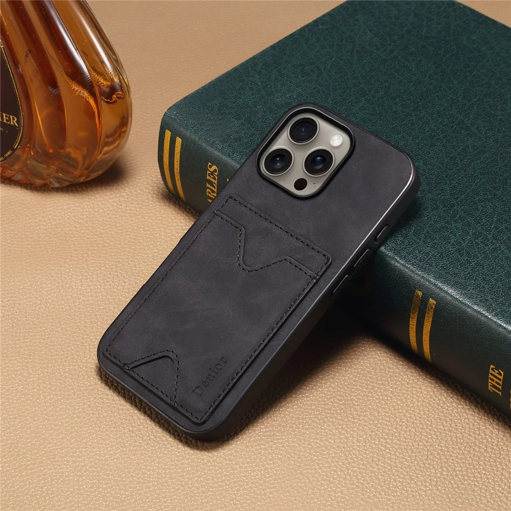 DENIOR For iPhone 16 Pro Max Case Leather+TPU Card Slot Kickstand Phone Cover - Black - 7
