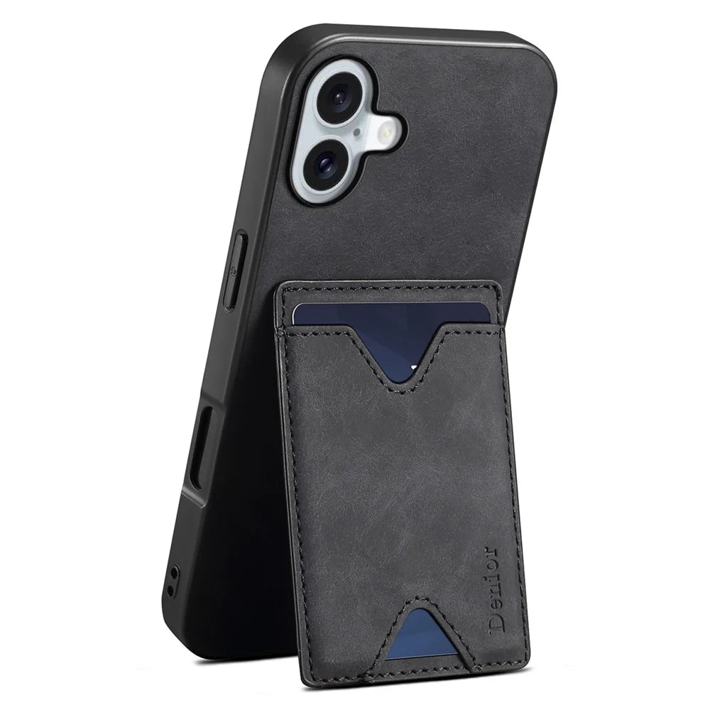 DENIOR For iPhone 16 Plus Case Leather+TPU Card Slot Kickstand Phone Cover - Black - 1