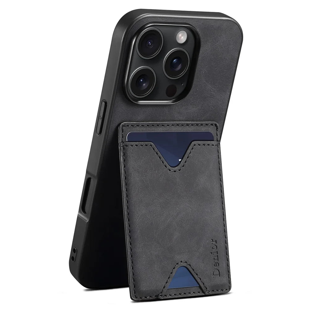 DENIOR For iPhone 16 Pro Case Leather+TPU Card Slot Kickstand Phone Cover - Black - 1