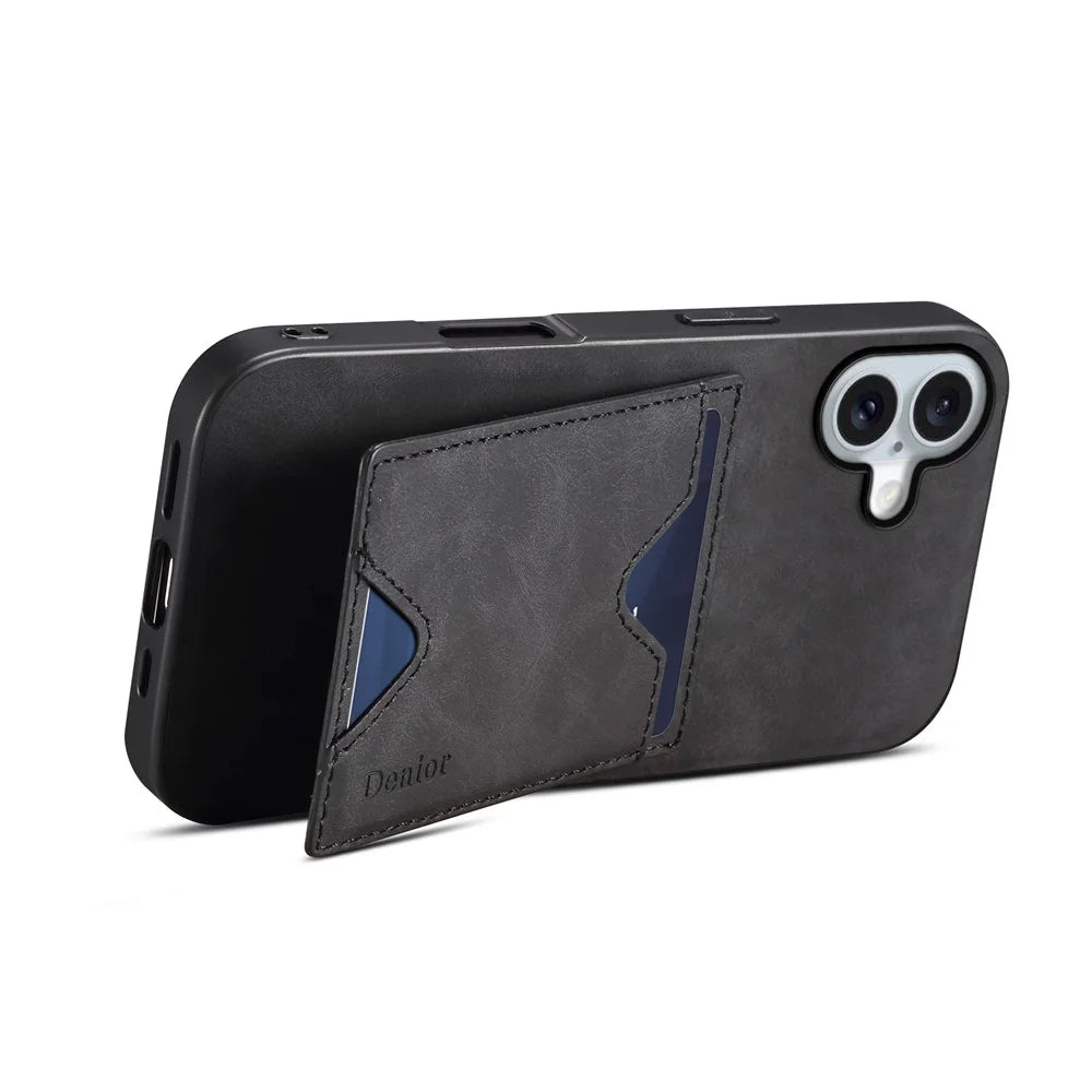 DENIOR For iPhone 16 Case Leather+TPU Card Slot Kickstand Phone Cover - Black - 2