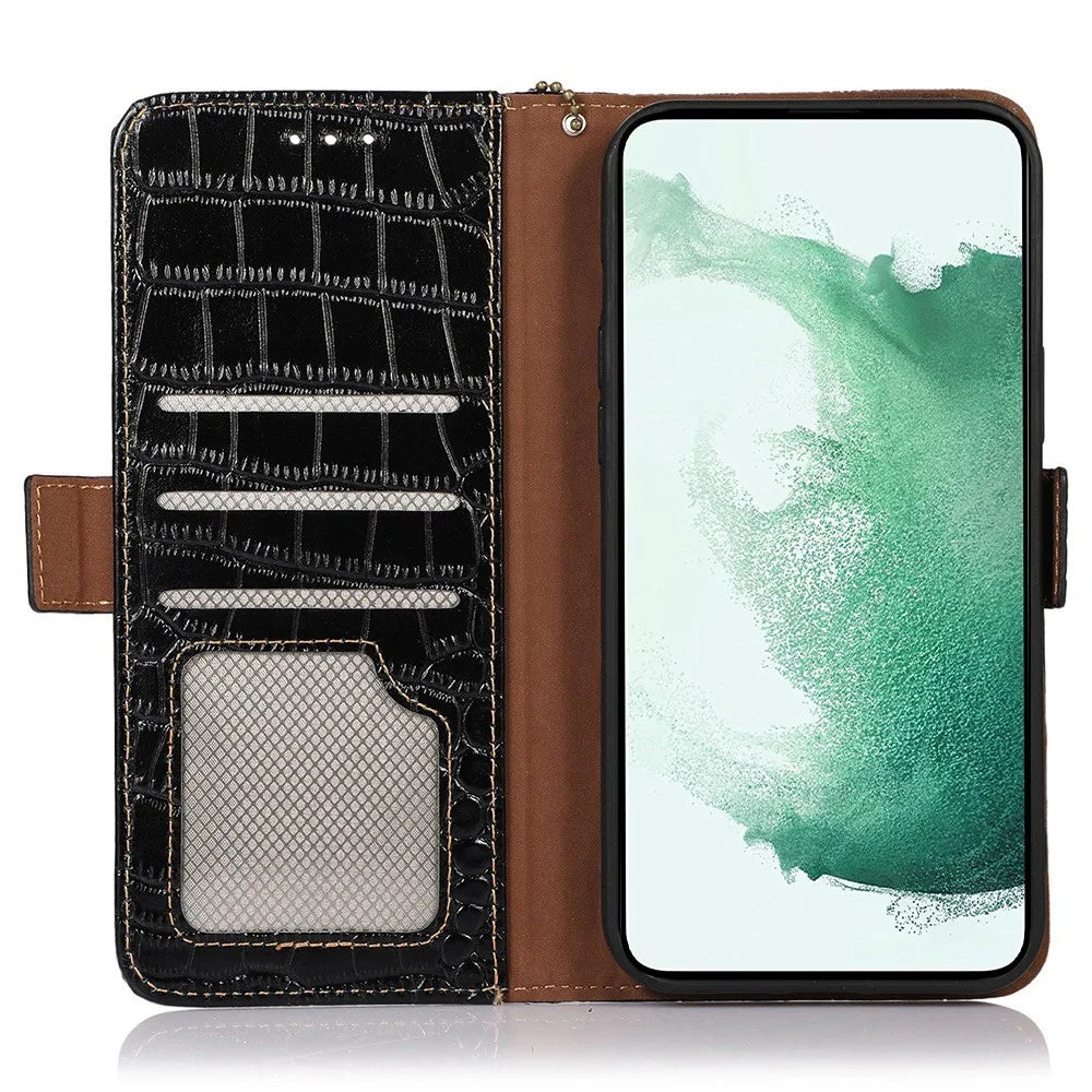 Genuine Cowhide Leather Case for Sony Xperia 5 IV 5G, Crocodile Texture Stand Wallet RFID Blocking Folio Flip Phone Cover - Black - 2