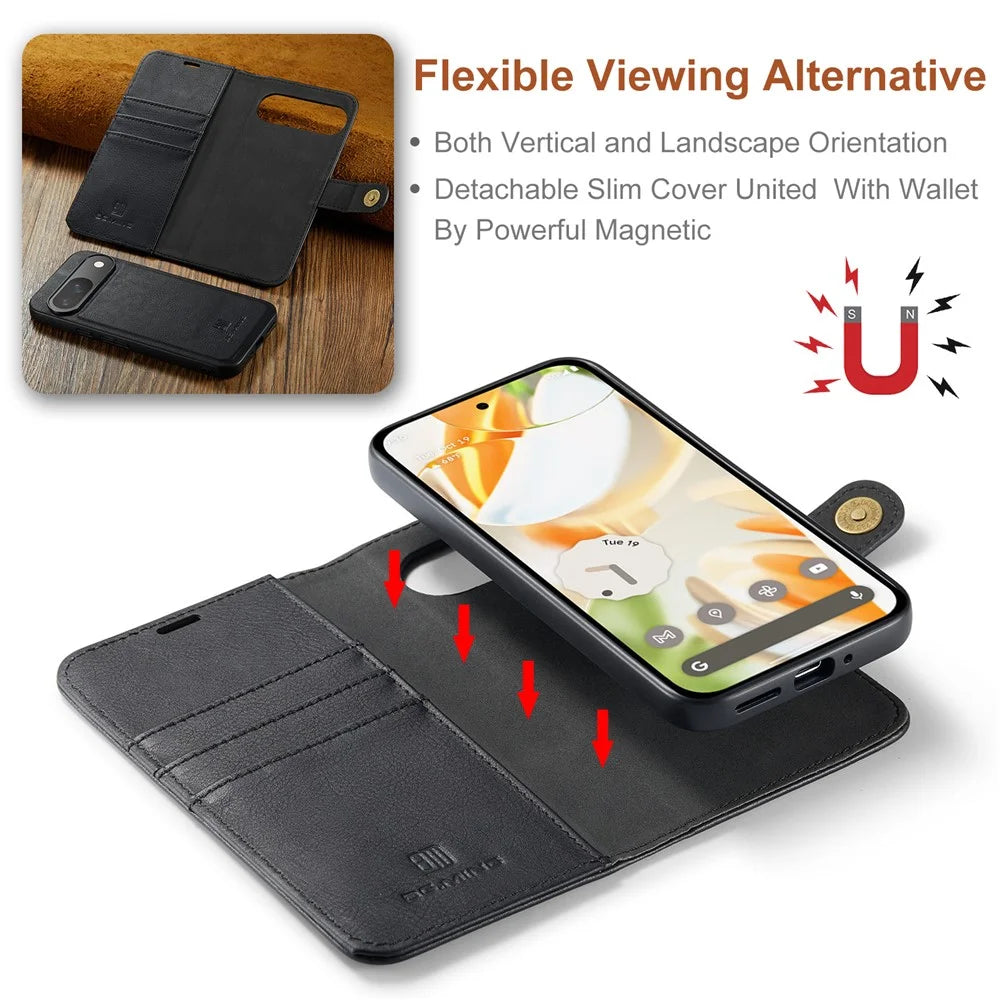 DG.MING for Google Pixel 9 / 9 Pro Case Detachable Split Leather Phone Cover - Black - 3