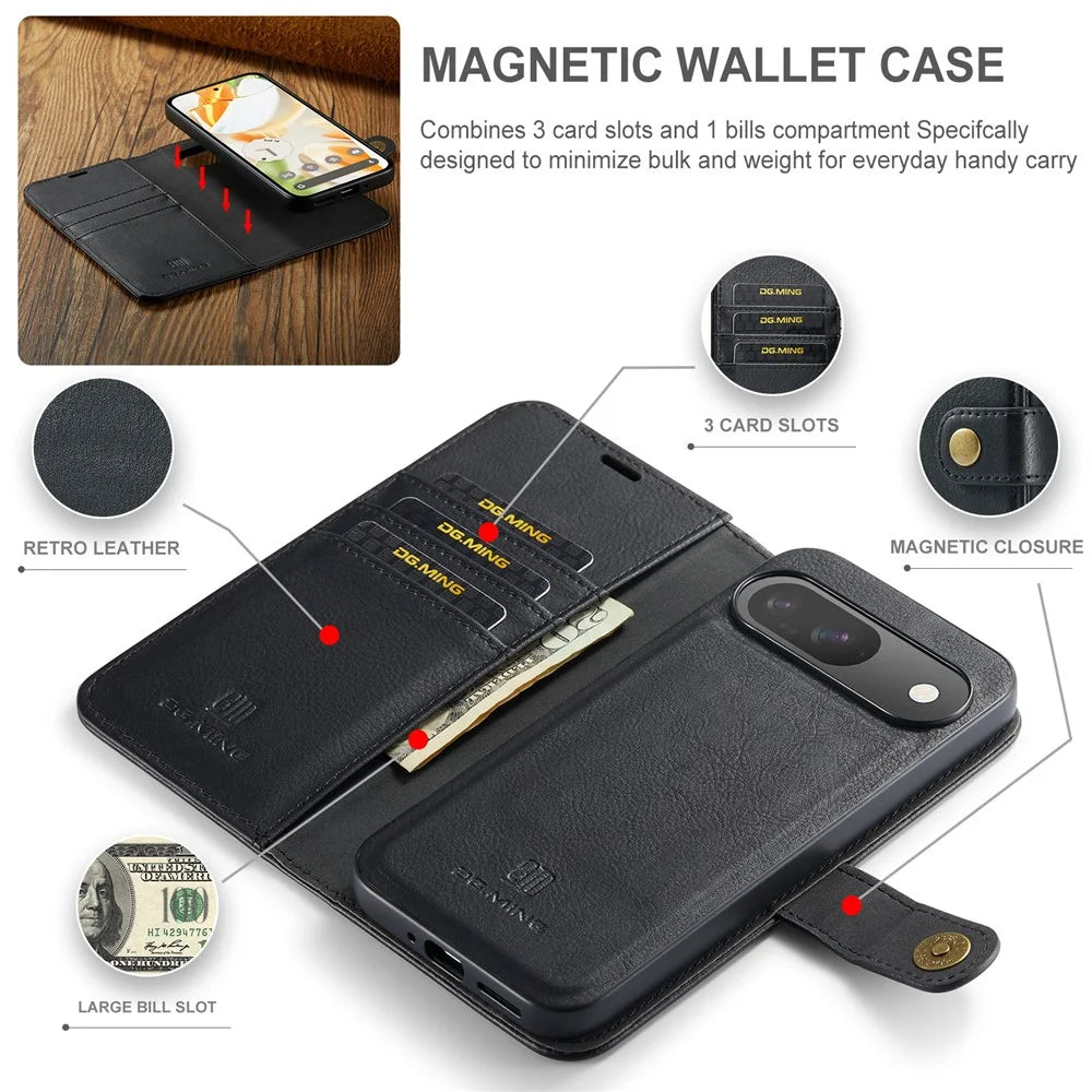 DG.MING for Google Pixel 9 / 9 Pro Case Detachable Split Leather Phone Cover - Black - 4