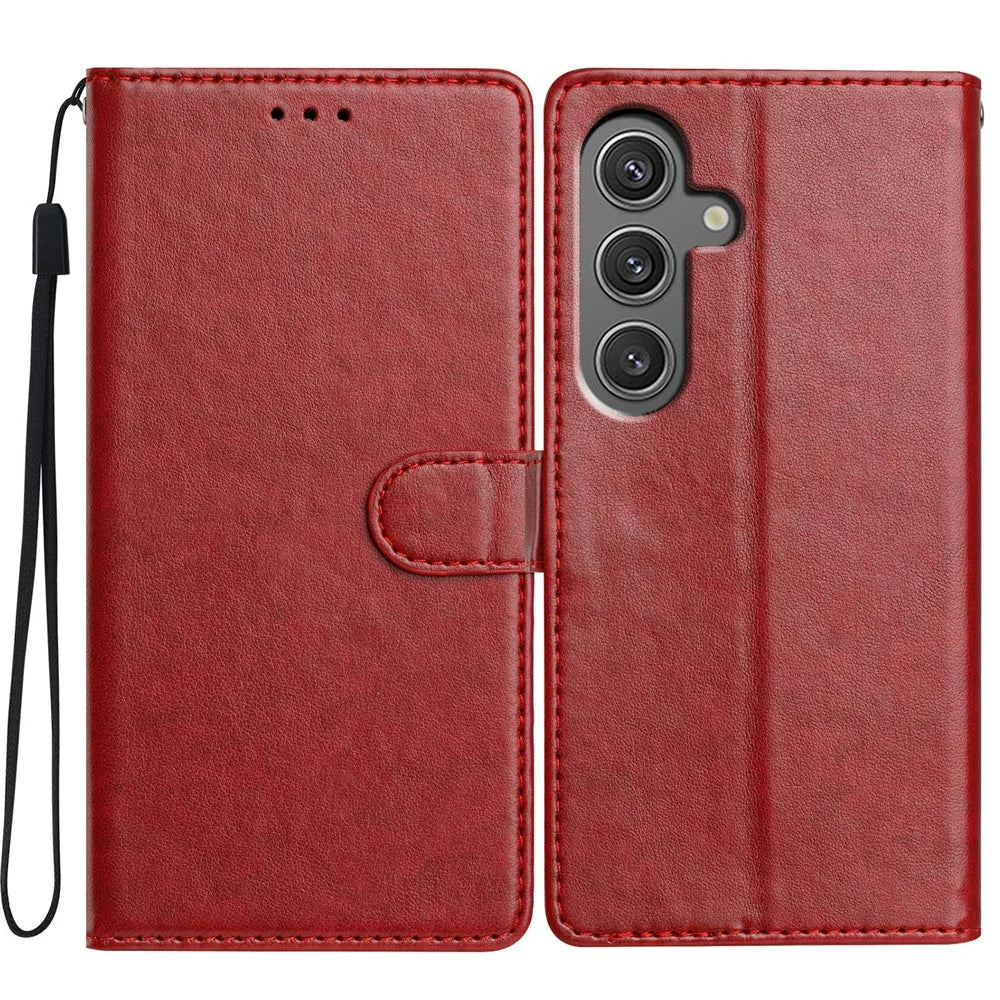 For Samsung Galaxy A16 5G / A16 4G Leather Phone Case Wallet Stand Cover with Handy Strap - Red - 1