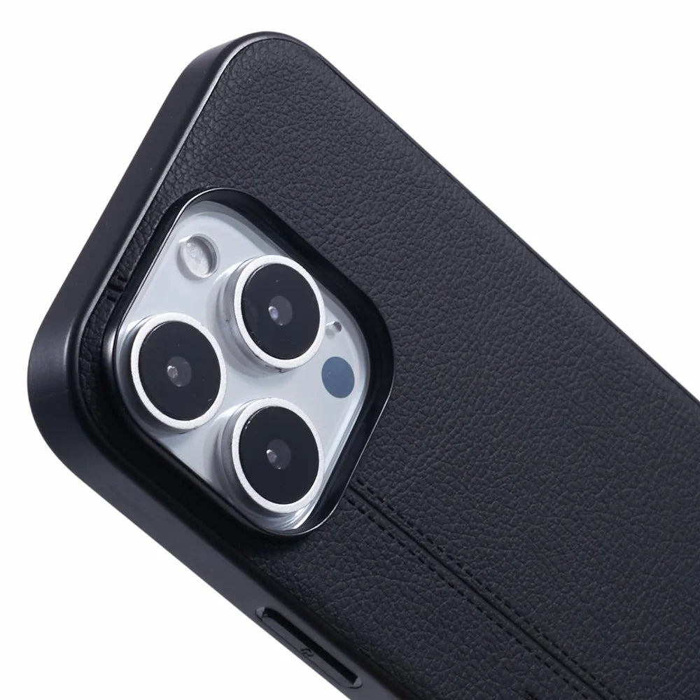 KIGC For iPhone 15 Pro Case Litchi Texture Leather Coated PC+TPU Phone Cover - Black - 6
