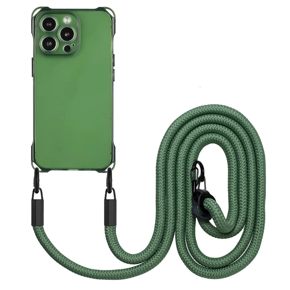 For iPhone 16 Pro TPU Case Four Corner Drop-Proof Back Cover with Long Strap - Army Green - 1
