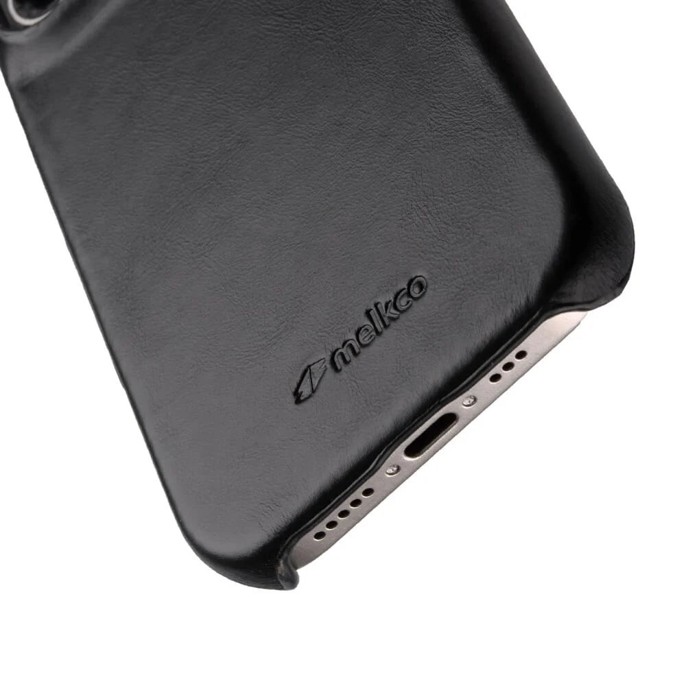 MELKCO For iPhone 16 Case Compatible with MagSafe Waxy Genuine Cow Leather PC Phone Back Cover - Black - 3