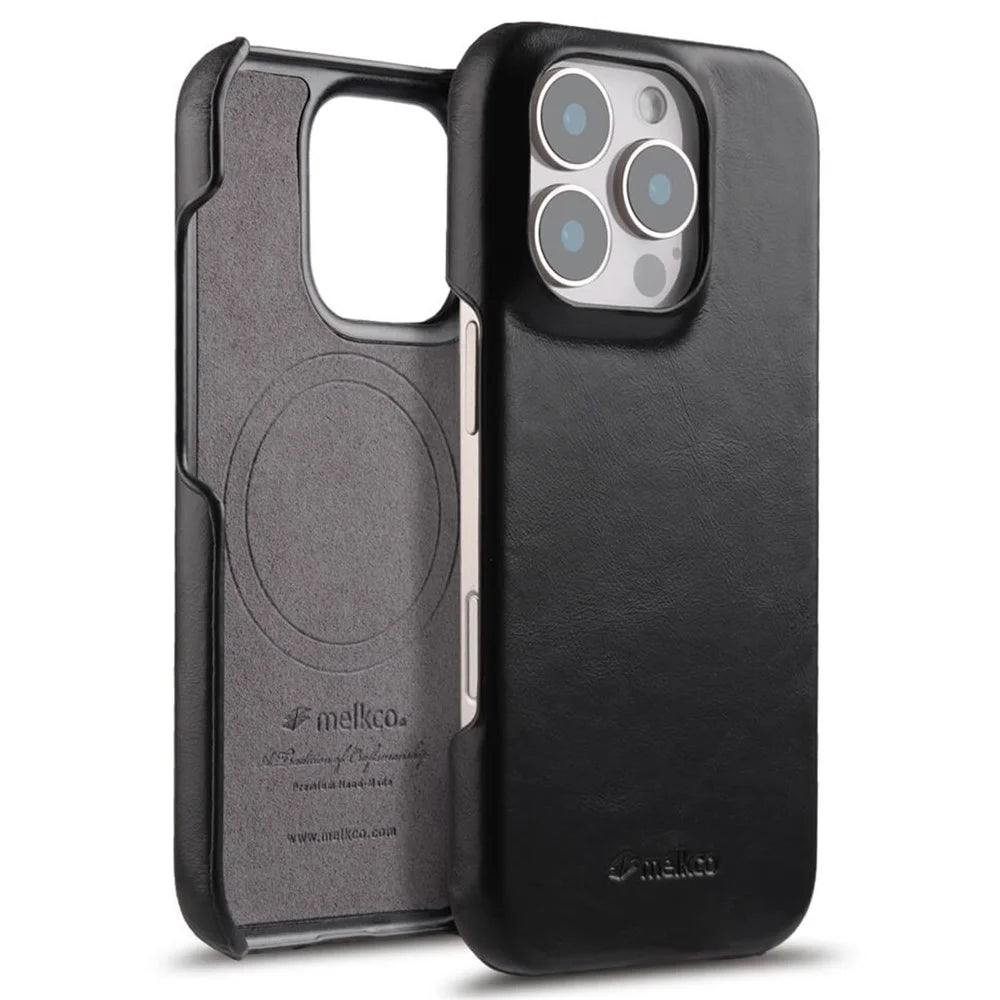 MELKCO For iPhone 16 Pro Max Case Compatible with MagSafe Waxy Genuine Cow Leather PC Phone Back Cover - Black - 1