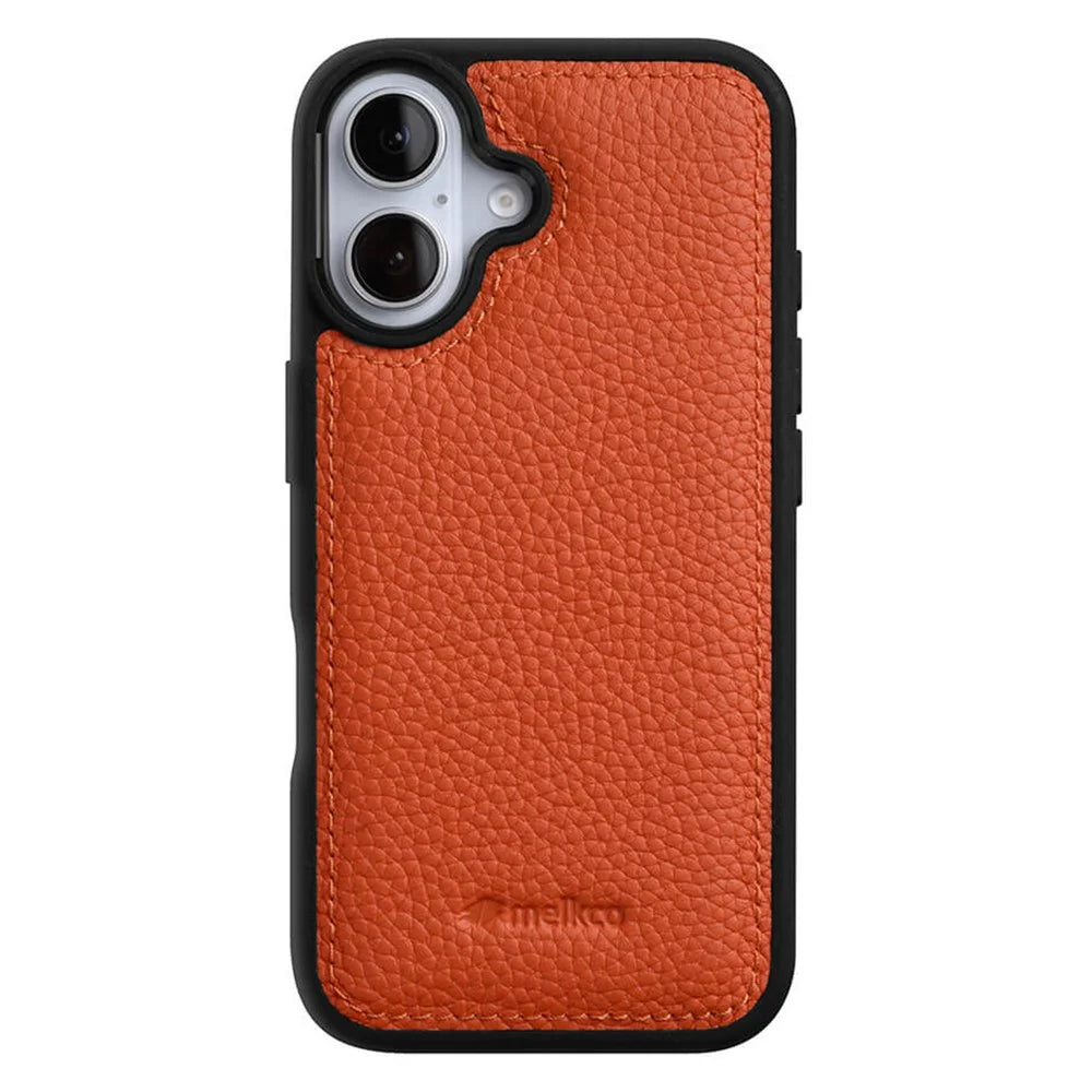 MELKCO For iPhone 16 Case Genuine Cow Leather Coated PC Phone Cover - Orange - 2