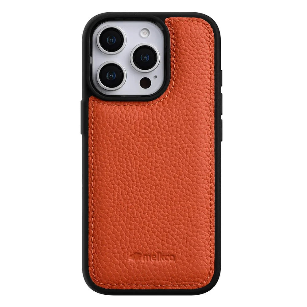 MELKCO For iPhone 16 Pro Case Genuine Cow Leather Coated PC Phone Cover - Orange - 2