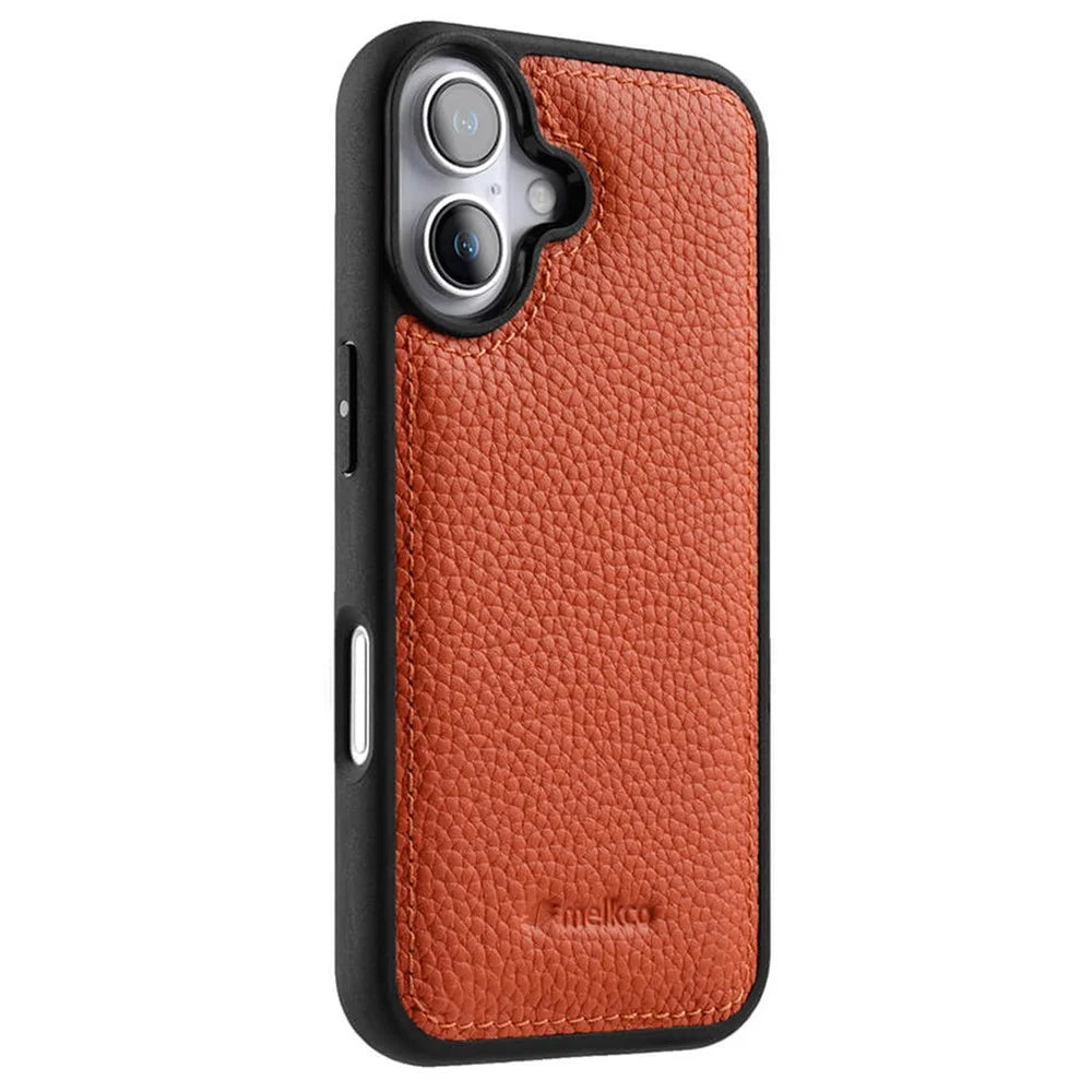 MELKCO For iPhone 16 Plus Case Genuine Cow Leather Coated PC Phone Cover - Orange - 1
