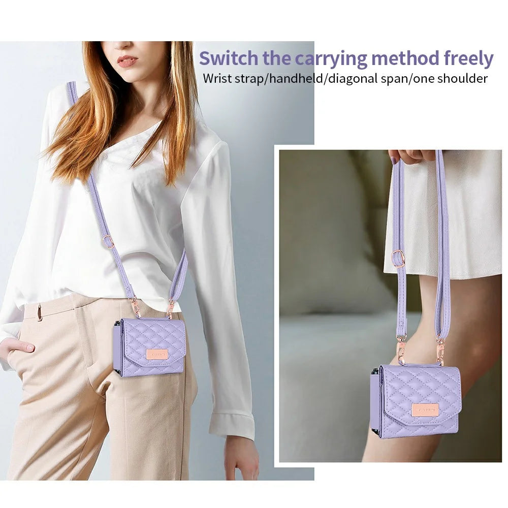 For Samsung Galaxy Z Flip7 FE 5G / Z Flip6 5G Case with Shoulder Strap PU+PC Wallet Phone Cover Built-In Back Screen Film - Purple - 3