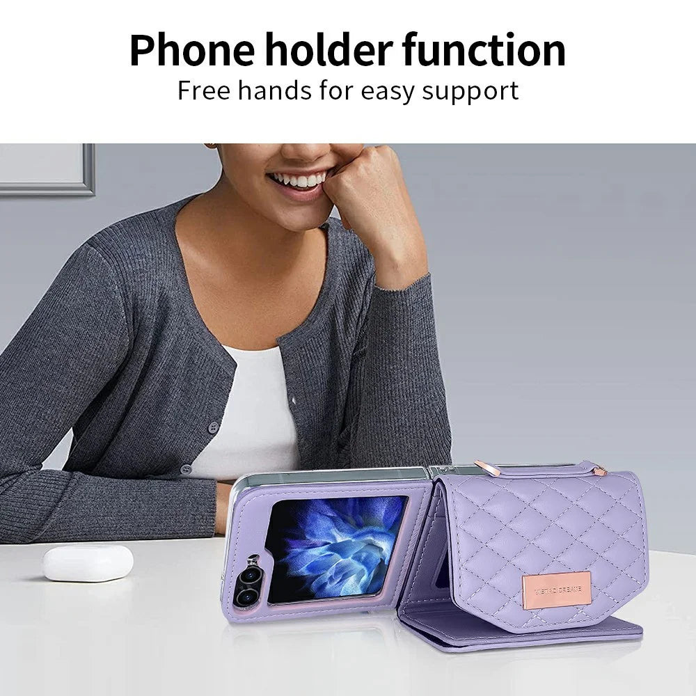 For Samsung Galaxy Z Flip7 FE 5G / Z Flip6 5G Case with Shoulder Strap PU+PC Wallet Phone Cover Built-In Back Screen Film - Purple - 6