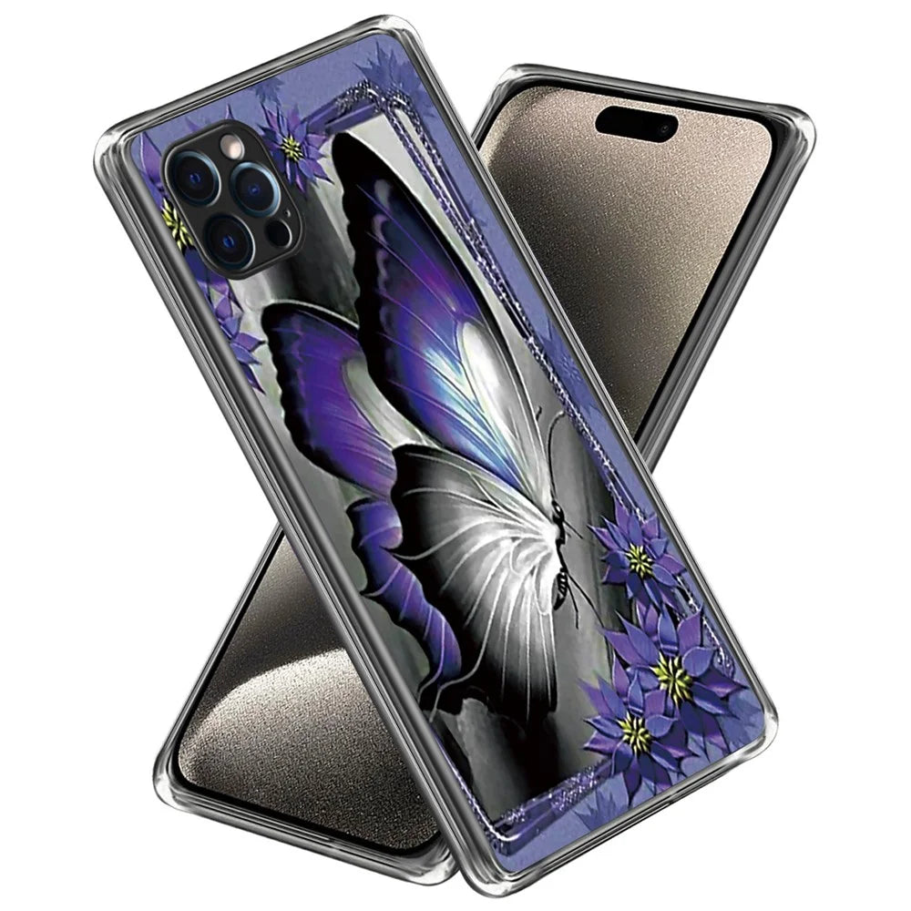 For iPhone 16 Pro Case Pattern Printed Shockproof TPU Phone Cover - Purple Butterfly - 1