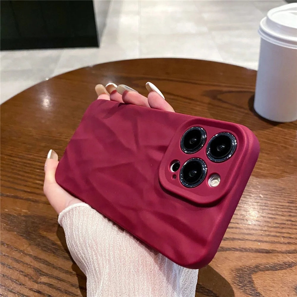 For iPhone 16 Pro Case Wrinkle Texture Matte Soft TPU Protective Phone Cover - Wine Red - 1