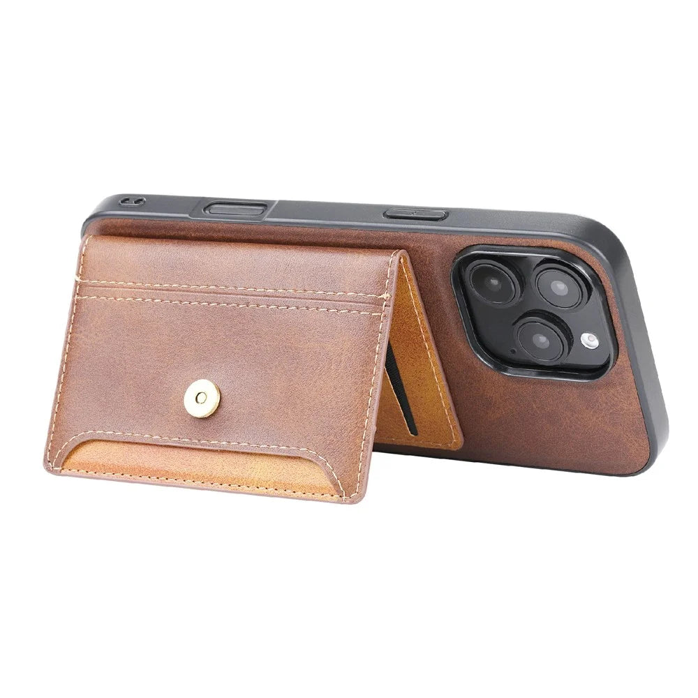 For iPhone 16 Pro Max Card Holder PU Leather+TPU Kicsktand Phone Cover - Brown - 3
