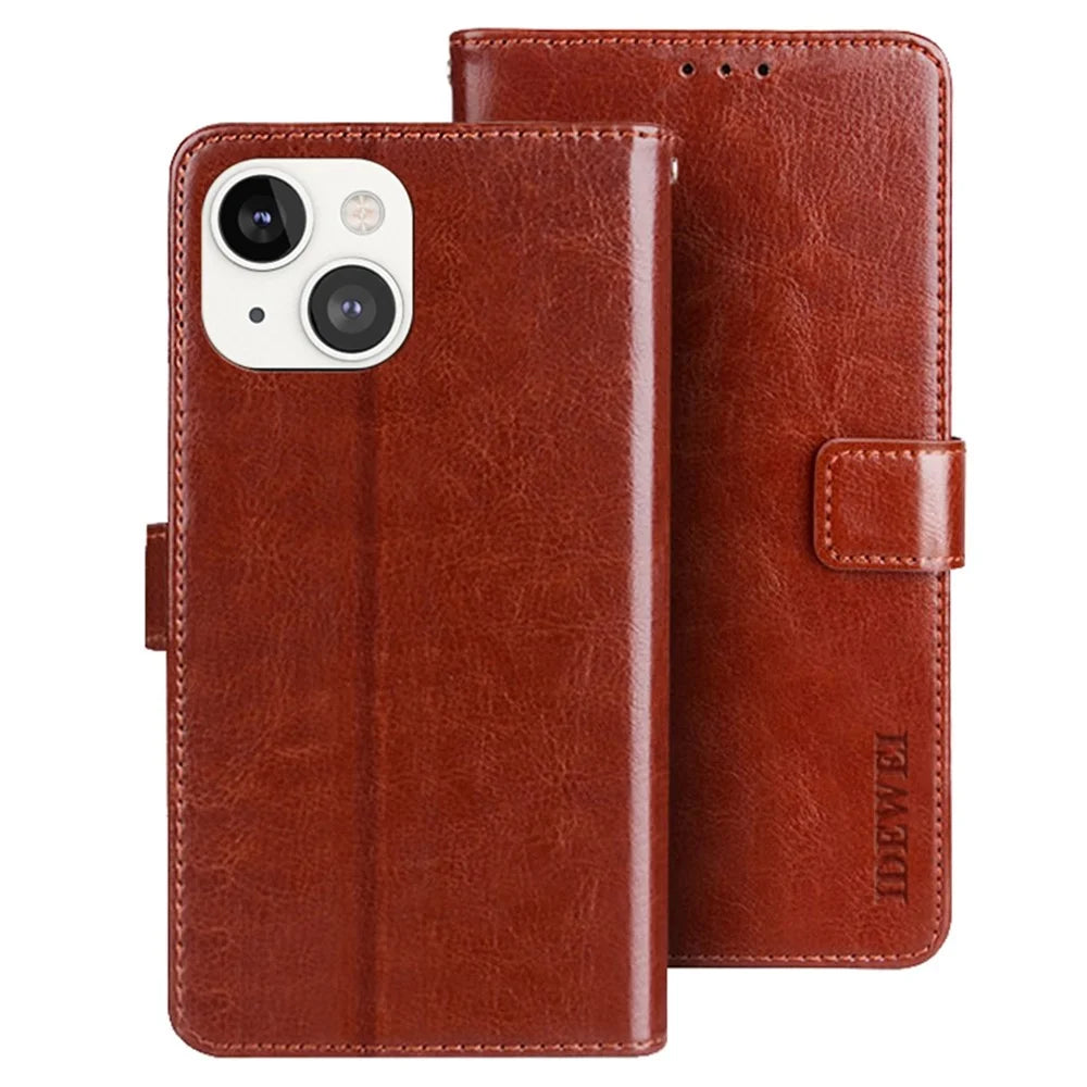 IDEWEI Phone Flip Wallet Case for iPhone 14, Magnetic Closure Crazy Horse Textured Anti-scratch PU Leather Phone Cover Stand - Brown - 1